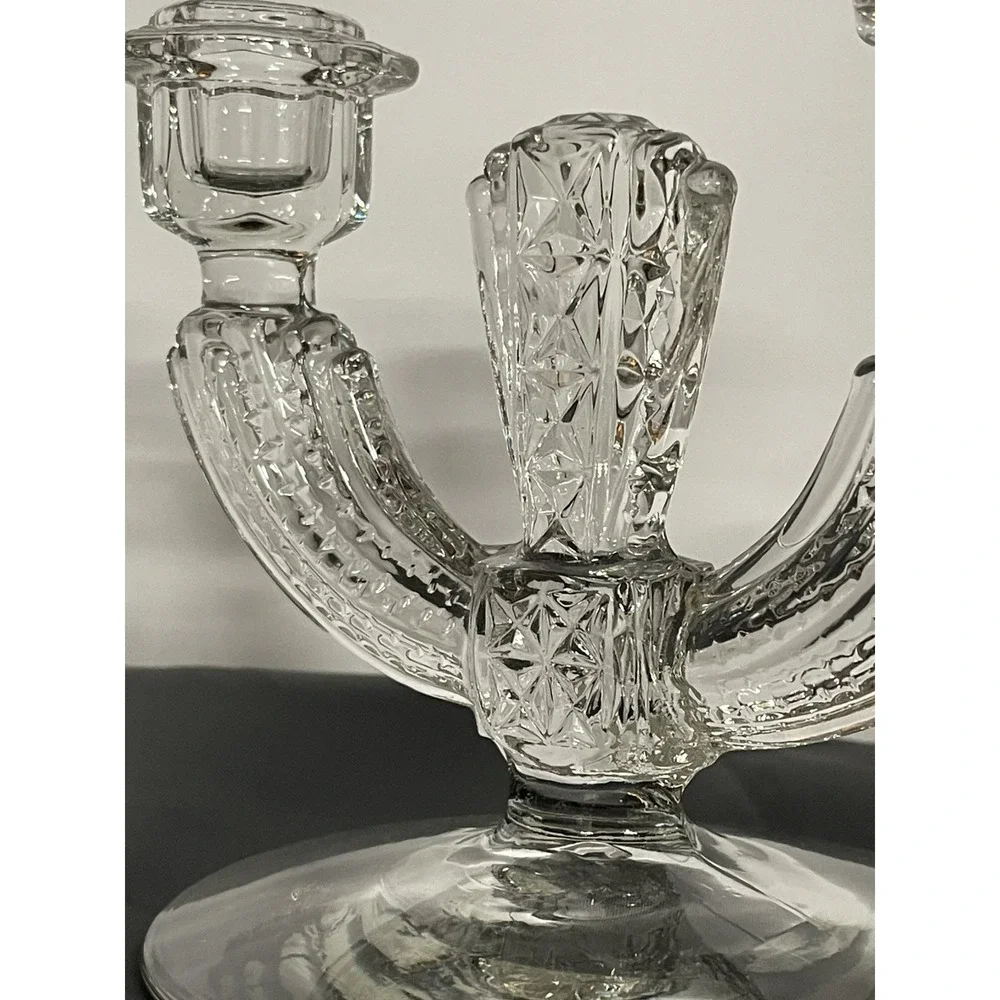 Tiffin Franciscan Williamsburg Clear Glass Double Candlesticks Candelabra Pair